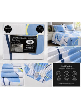 Unisex Bella Home Queen Blue Yellow Abstract Bamboo Cotton Sheet Set